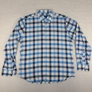 Toscano Shirt Mens Large Blue White Check Plaid Cotton Dress Button‎ Up